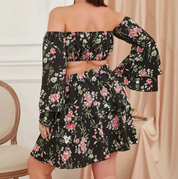Floral Layered Hem Skirt & Off Shoulder Crop Top NWT - Picture 3 of 4